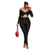 Women's off shoulder Knot Hollow Sexy High Waist Long Sleeve Jumpsuit