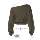 Women's autumn fashion short solid color Slash Shoulder Crop long sleeve top