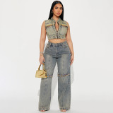 high street women's summer fashion loose button washed straight Denim Pants