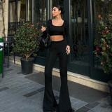 Women's autumn leopard print square neck Crop long sleeve top high waist Bell Bottom pants two-piece set