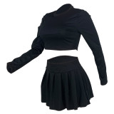 Women's fashion solid color Round Neck Crop slim long-sleeved top pleated short skirt two-piece set