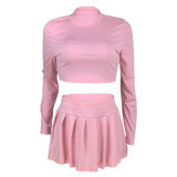 Women's fashion solid color Round Neck Crop slim long-sleeved top pleated short skirt two-piece set