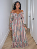 Autumn winter Casual Women's Off Shoulder long sleeve Striped maxi Dress