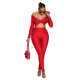 Women's off shoulder Knot Hollow Sexy High Waist Long Sleeve Jumpsuit