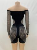 Women's solid color Off Shoulder slim sexy one-piece knitting long-sleeved hollow tight slim jumpsuit