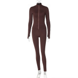 Autumn  winter fashion zipper high collar long sleeve top slim sports yoga pants two piece set