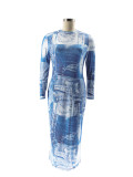 Plus size Women's Autumn winter Round Neck Long Sleeve Denim Pattern Print Slim Long Dress