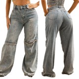 high street women's summer fashion loose button washed straight Denim Pants