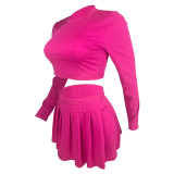 Women's fashion solid color Round Neck Crop slim long-sleeved top pleated short skirt two-piece set