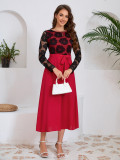 autumn women's Fashion slim Round Neck lace contrast color career dress