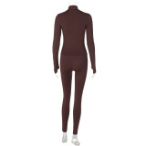 Autumn  winter fashion zipper high collar long sleeve top slim sports yoga pants two piece set