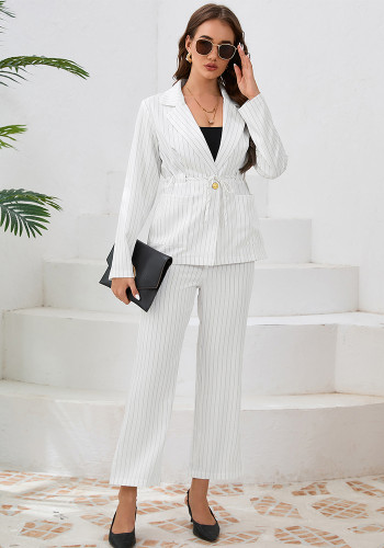 Casual Stripe Turndown Collar Strap Blazer Jacket Straight Pants suits Women's two-piece set