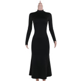 Autumn Sexy Low Back High Neck Long Sleeve Women long Dress