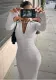 Women's autumn fashion sexy Turndown Collar long sleeve slim midi dress
