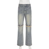 high street women's summer fashion loose button washed straight Denim Pants