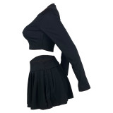 Women's fashion solid color Round Neck Crop slim long-sleeved top pleated short skirt two-piece set