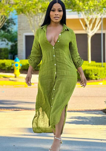 Solid Color Women Long Shirt Dress