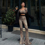 Women's autumn leopard print square neck Crop long sleeve top high waist Bell Bottom pants two-piece set