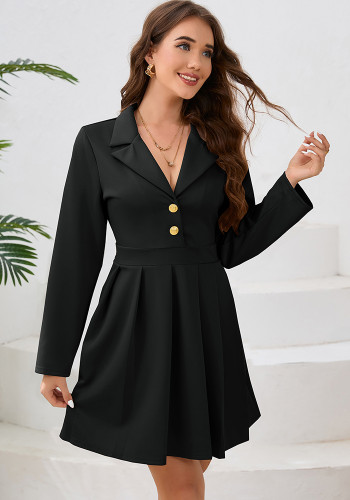 single-breasted Turndown Collar Professional women's pleated dress