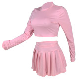 Women's fashion solid color Round Neck Crop slim long-sleeved top pleated short skirt two-piece set