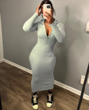 solid color long sleeve hooded zipper tight slim long dress