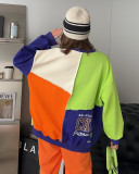 Plus Size trendy spring women's clothing contrast color Patchwork Letter print top loose Round Neck sweatshirt