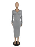 solid color long sleeve hooded zipper tight slim long dress