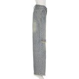 high street women's summer fashion loose button washed straight Denim Pants