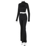 Women's autumn fashion Casual solid color zipper long sleeve top high waist Tight Fitting flared pants two piece set