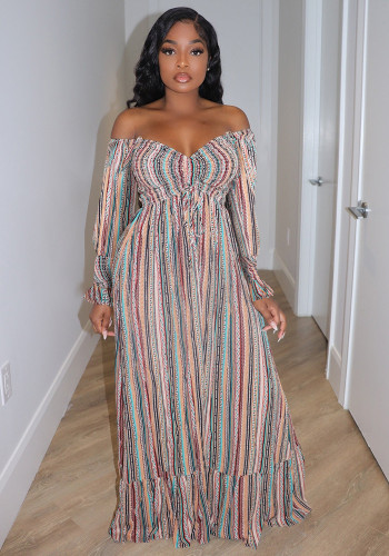 Autumn winter Casual Women's Off Shoulder long sleeve Striped maxi Dress