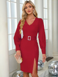 Autumn winter V-Neck Long Sleeve Belt Bodycon Knitting Women Professional Slim Fit Dress