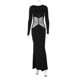 Autumn women's fashion Round Neck long sleeve mesh Patchwork slim Bodycon dress