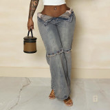 high street women's summer fashion loose button washed straight Denim Pants