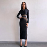 Autumn Women Slim Fit Mesh Patchwork Long Sleeve Tight Fitting Dress