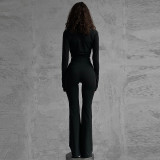 Women's autumn fashion Casual solid color zipper long sleeve top high waist Tight Fitting flared pants two piece set