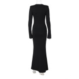 Women's autumn fashion Round Neck slim pleated long sleeve dress