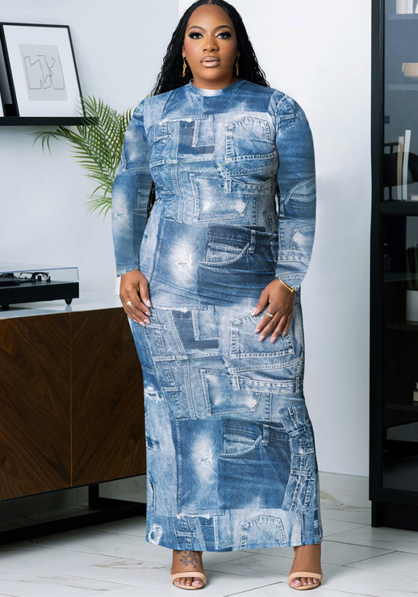 Plus size Women's Autumn winter Round Neck Long Sleeve Denim Pattern Print Slim Long Dress