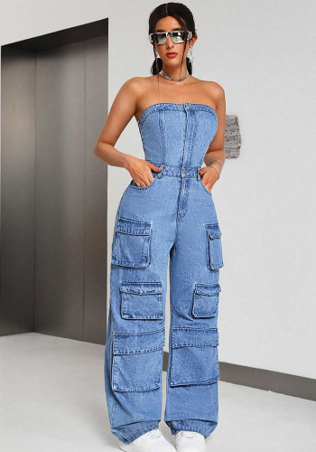 Women Strapless Cargo Denim Jumpsuit