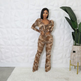 Women Fall Mesh Printed Long Sleeve Lace-up Top and Pants Two-piece Set
