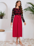 autumn women's Fashion slim Round Neck lace contrast color career dress