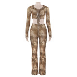 Women Fall Mesh Printed Long Sleeve Lace-up Top and Pants Two-piece Set