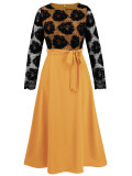 autumn women's Fashion slim Round Neck lace contrast color career dress