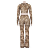 Women Fall Mesh Printed Long Sleeve Lace-up Top and Pants Two-piece Set