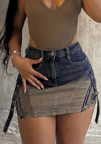 Women Gradient Pocket Zipper Contrast Patchwork Denim Skirt