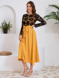 autumn women's Fashion slim Round Neck lace contrast color career dress
