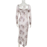 Women Fall Plunging Printed Long Sleeve Bodycon Dress