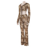 Women Fall Mesh Printed Long Sleeve Lace-up Top and Pants Two-piece Set