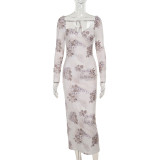 Women Fall Plunging Printed Long Sleeve Bodycon Dress