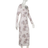 Women Fall Plunging Printed Long Sleeve Bodycon Dress