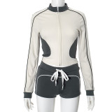 Women Stand Collar Fitness Sports Top and Shorts Two-Piece Set
